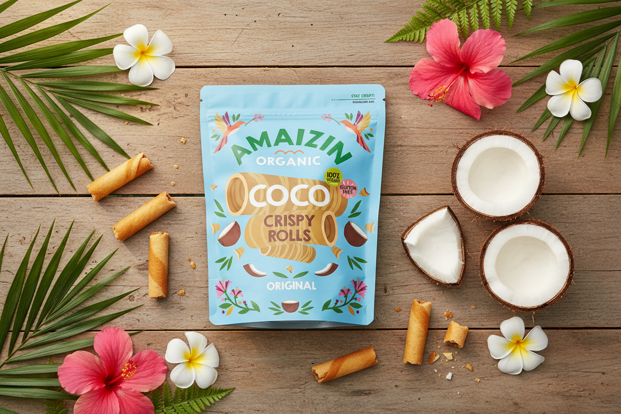 Amaizin Coco Crispy Rolls – Tavolo con packaging