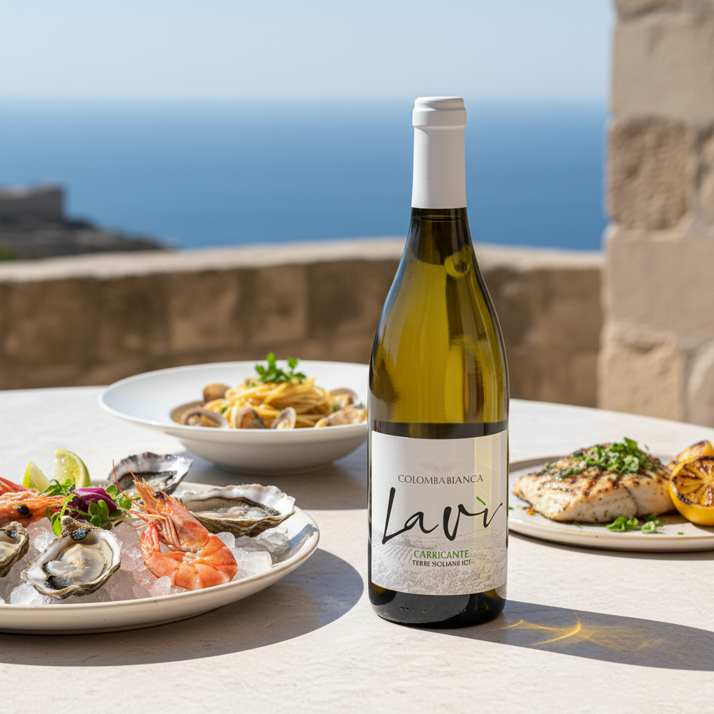 Bottiglia Lavì Carricante con abbinamenti gastronomici