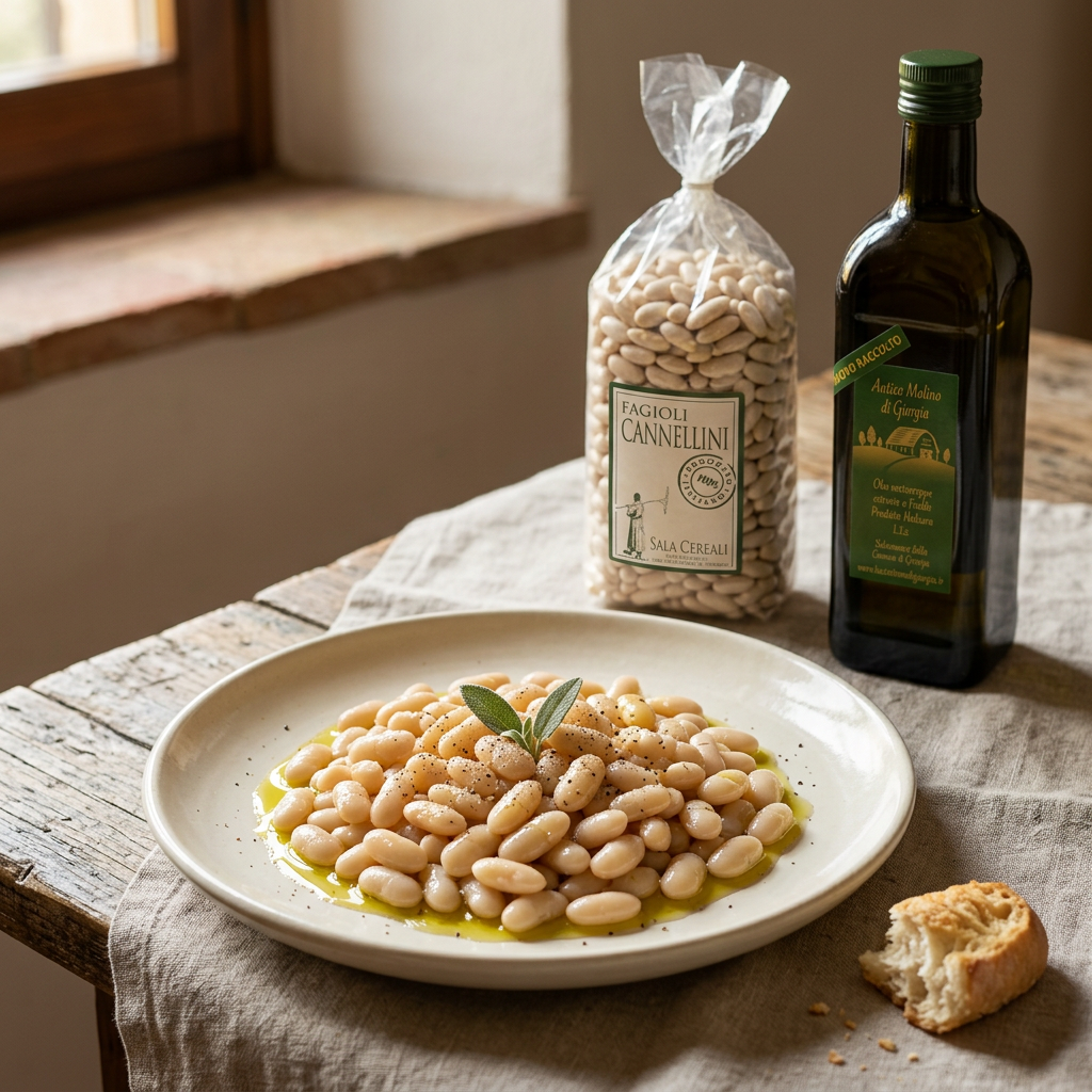 Cannellini con olio, confezione Sala Cereali e bottiglia dell’Antico Molino di Giorgia