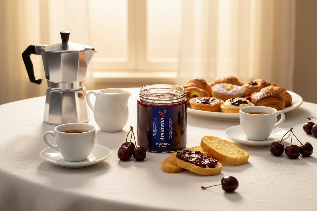 Colazione italiana con Confettura di Amarene Cazzola