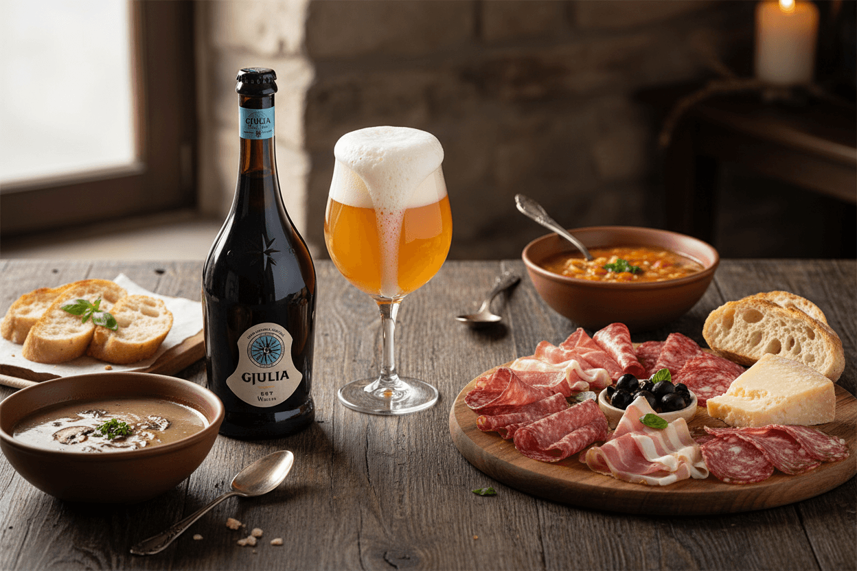 Gjulia Est Weizen – Lifestyle con calice, zuppe e salumi