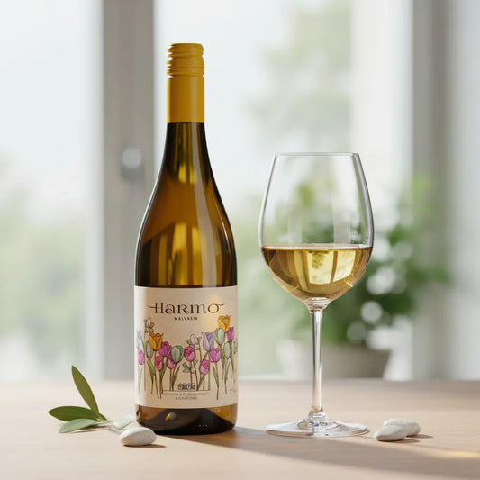 Harmo Malvasia con calice di vino bianco