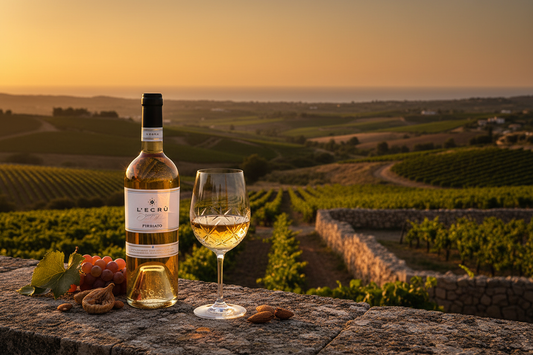 L'Ecrù Passito Firriato con paesaggio siciliano e calice di vino