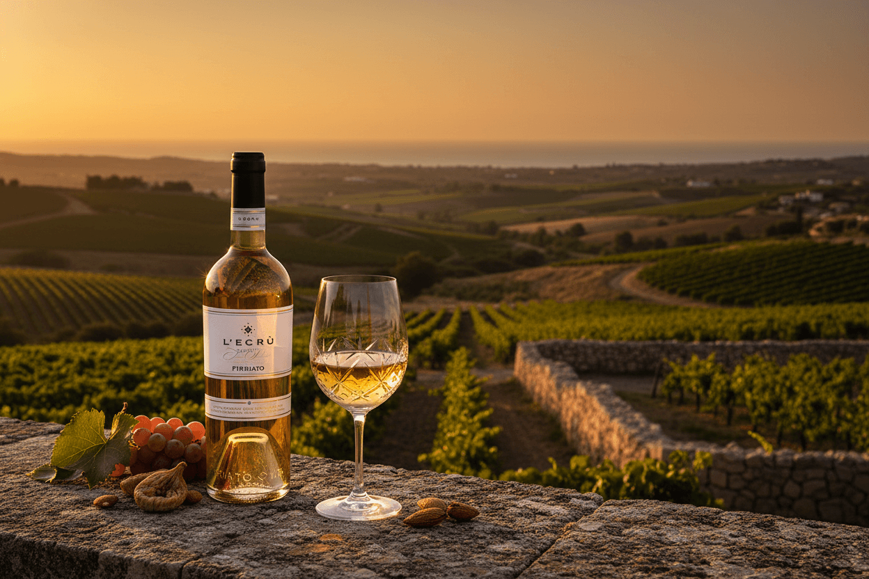 L'Ecrù Passito Firriato con paesaggio siciliano e calice di vino