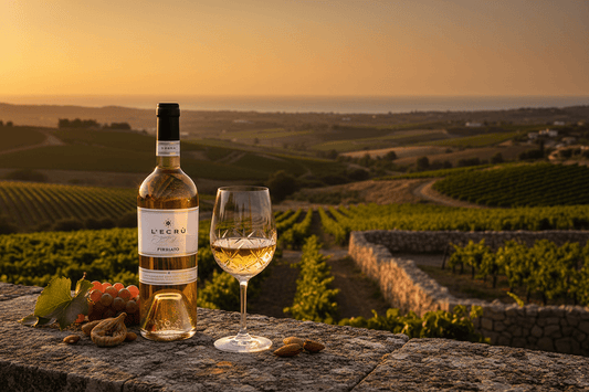 L'Ecrù Passito Firriato con paesaggio siciliano e calice di vino