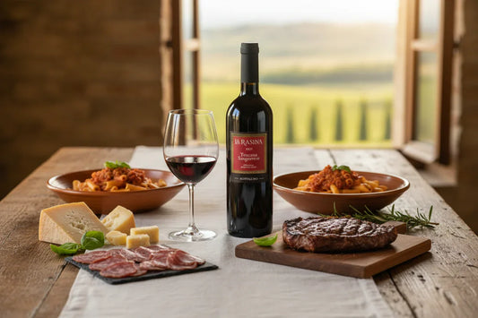 La Rasina Sangiovese con tavola apparecchiata e abbinamenti toscani