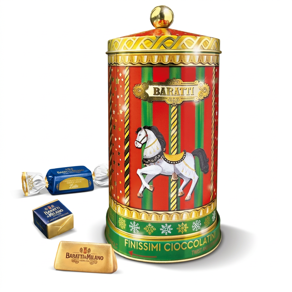 Latta Carillon di Natale Baratti & Milano con cioccolatini su sfondo bianco