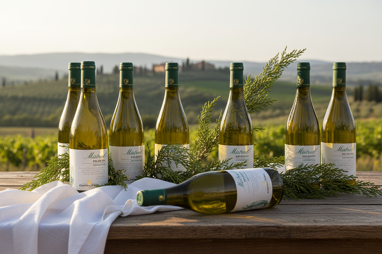 Mistral Bolgheri Vermentino – Banco con bottiglie