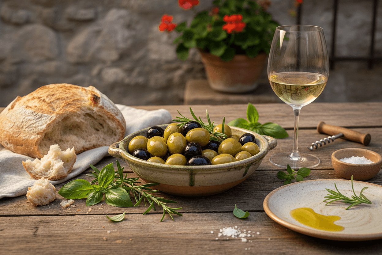 Olive Nostraline su tavola rustica italiana