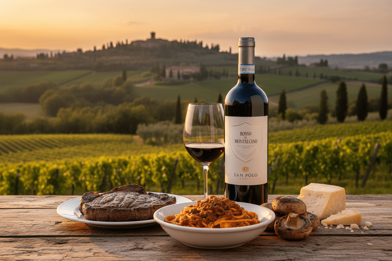Rosso di Montalcino San Polo con paesaggio toscano e abbinamenti
