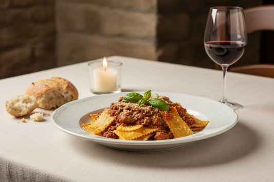 Sagnarelli al Ragù su tavola apparecchiata