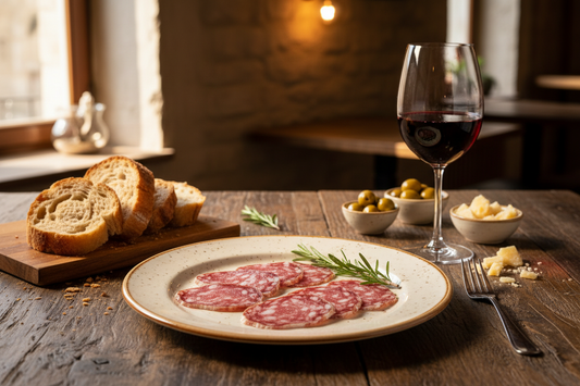 Salame Felino - tavola con pane e vino