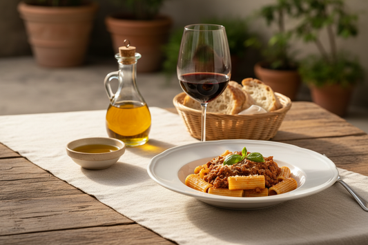 Sedanini al ragù su tavola apparecchiata