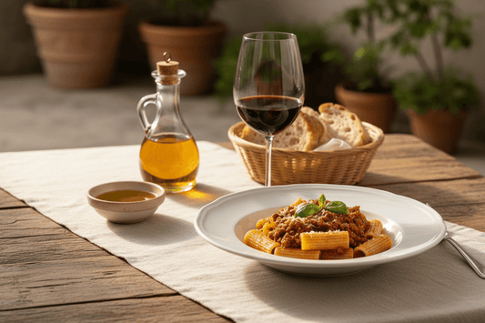Sedanini al ragù su tavola apparecchiata