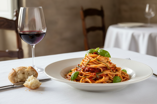 Spaghetti al pomodoro su tavola apparecchiata