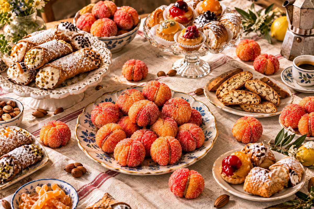 Tavola apparecchiata con dolci e peschine sparse