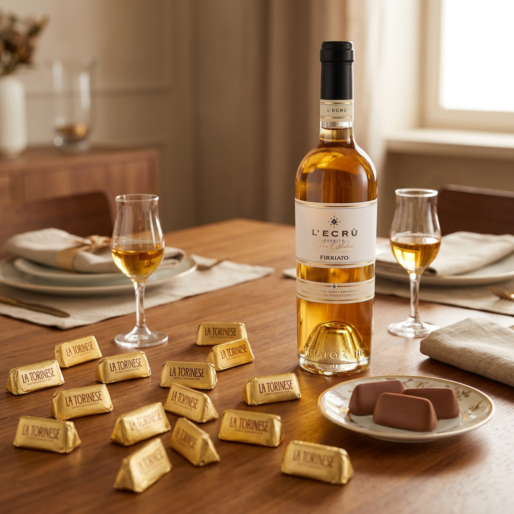 Tavola con gianduiotti La Torinese sparsi e bottiglia di L’Ecrù Firriato