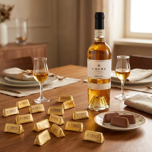 Tavola con gianduiotti La Torinese sparsi e bottiglia di L’Ecrù Firriato