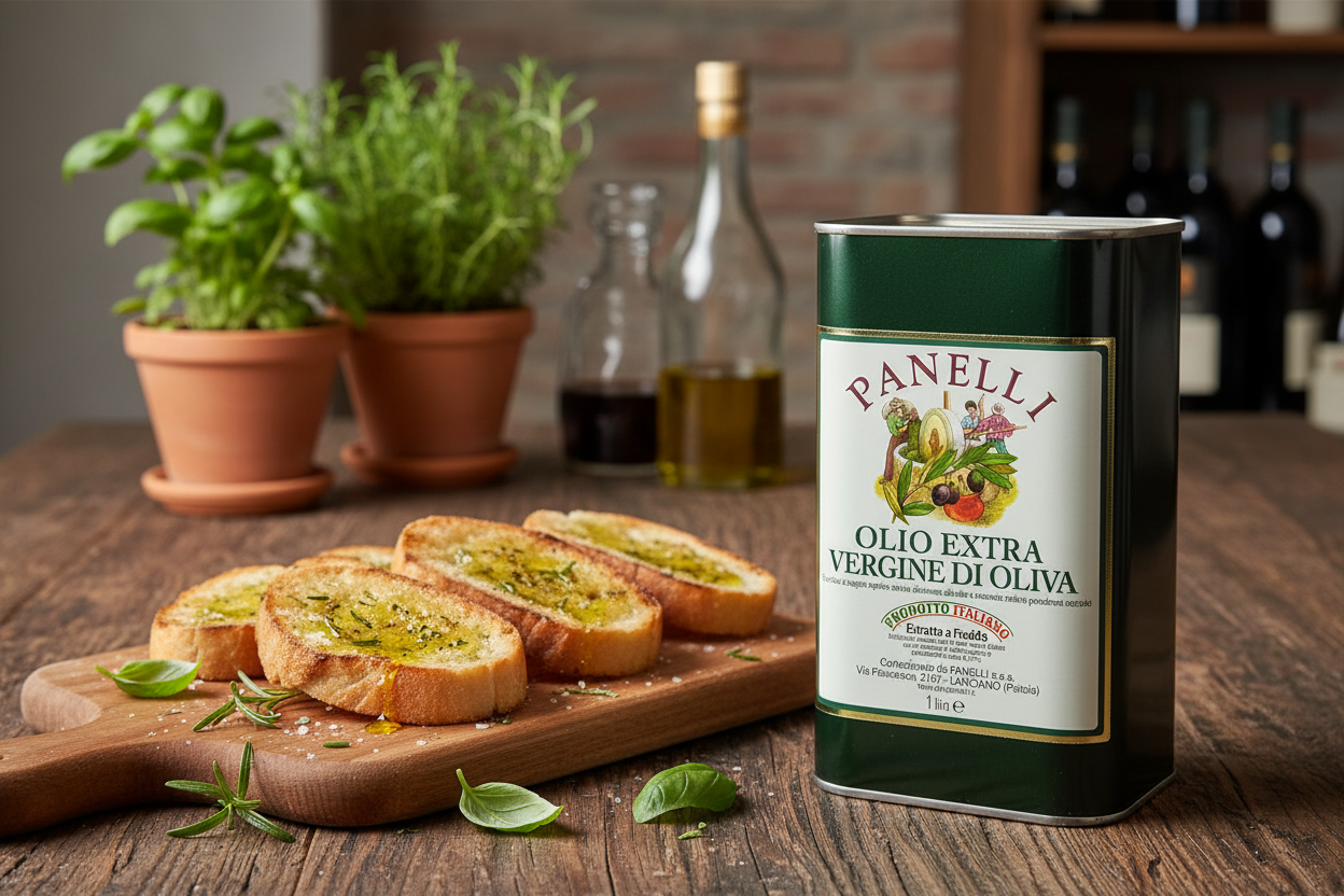 Tavola con pane abbrustolito e olio Panelli