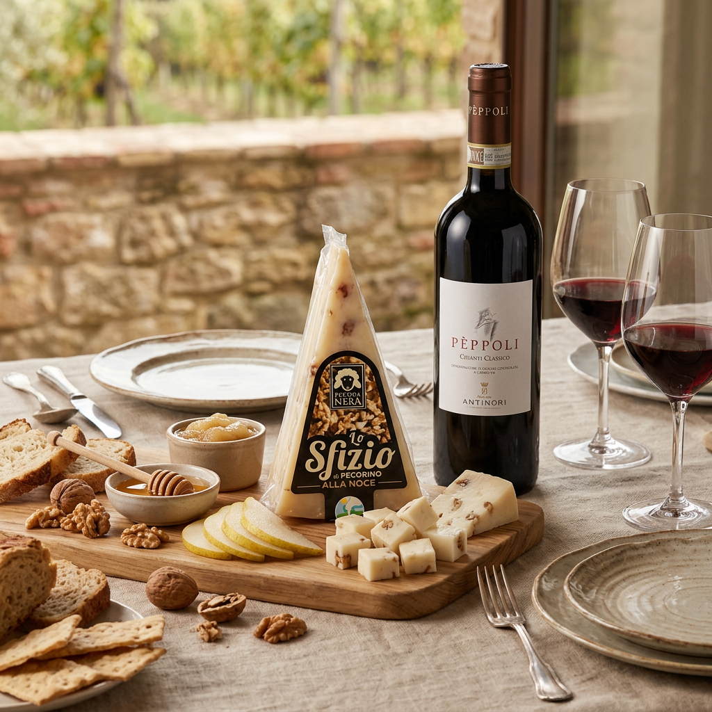Tavola con pecorino alle noci, accompagnamenti e Chianti Classico Pèppoli Antinori