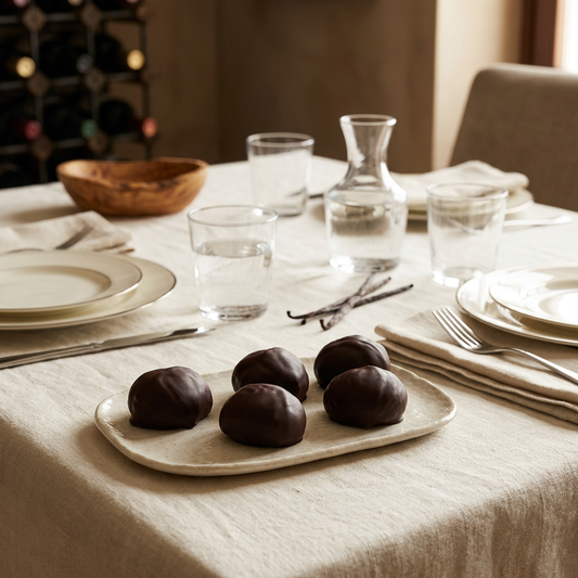 Tavola elegante apparecchiata con marron glacé ricoperti di cioccolato fondente su un vassoio