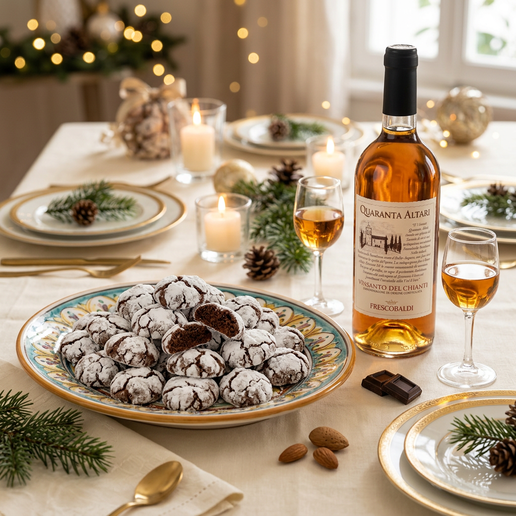 Vassoio di ricciarelli al cioccolato con Vin Santo Frescobaldi su una tavola festosa