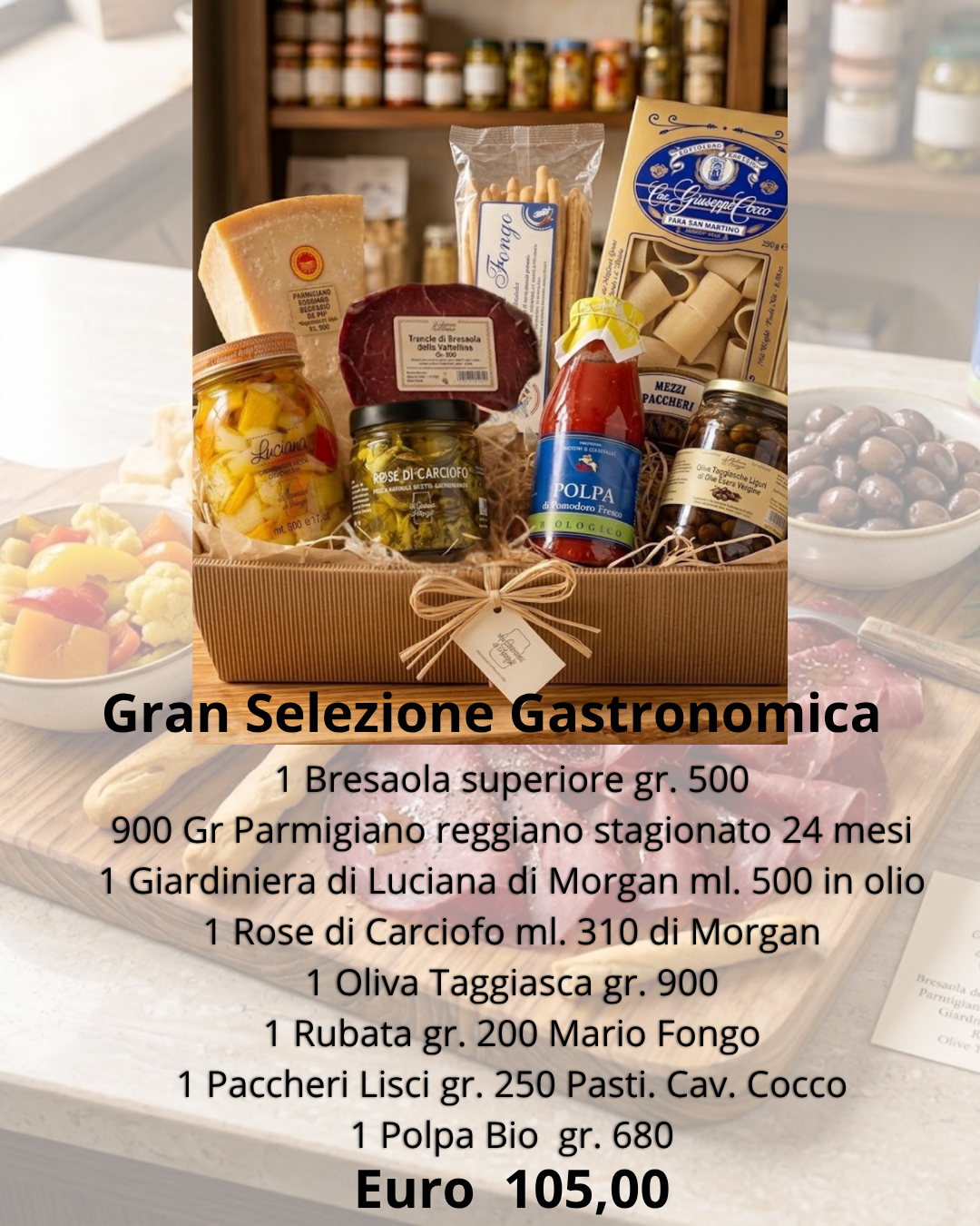 Gran Selezione Gastronomica – cesta gourmet con bresaola, parmigiano, giardiniera, carciofi, olive, grissini, paccheri e polpa bio