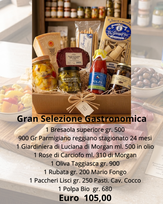 Gran Selezione Gastronomica – cesta gourmet con bresaola, parmigiano, giardiniera, carciofi, olive, grissini, paccheri e polpa bio