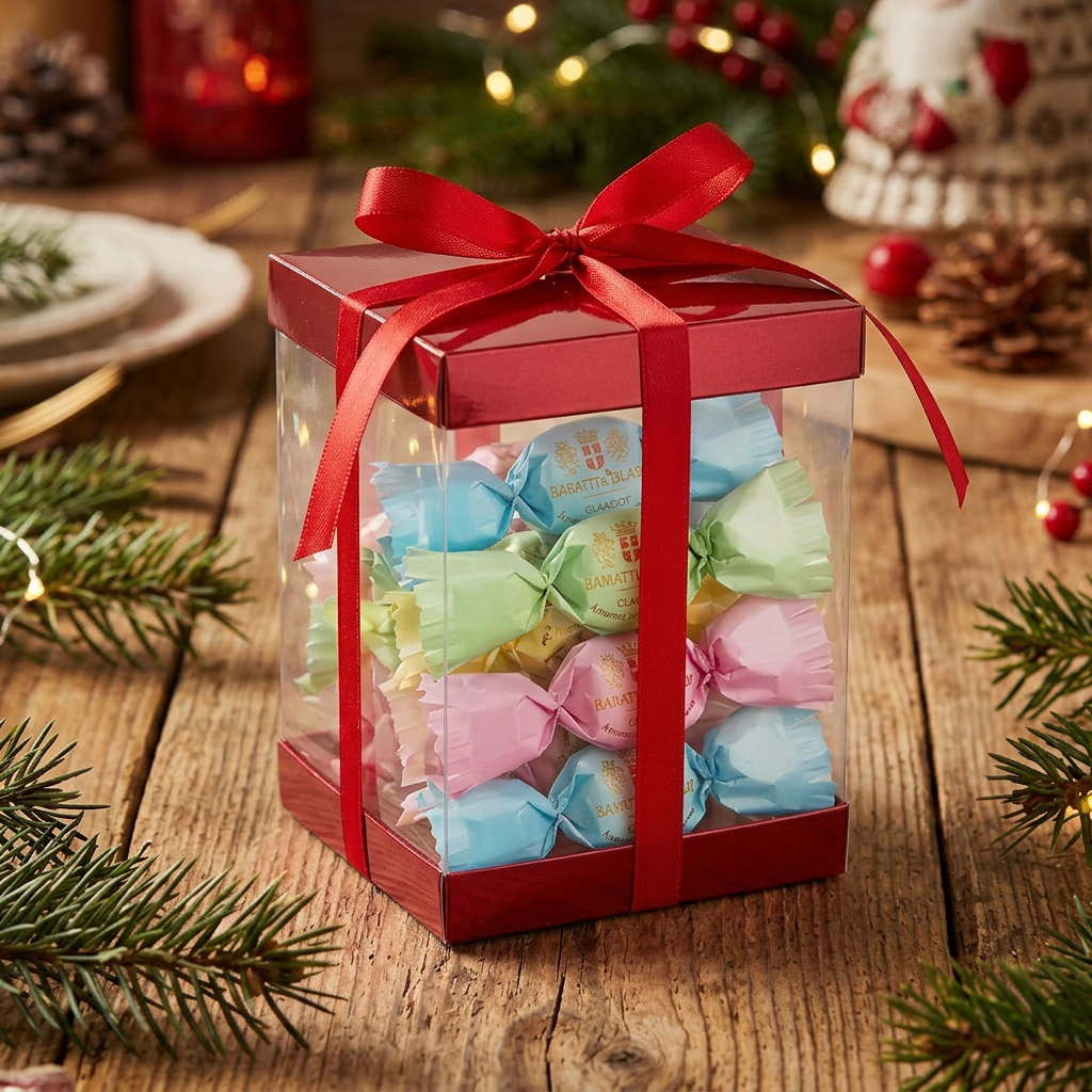 Confezione regalo di amaretti in primo piano, formato quadrato e ambientazione natalizia