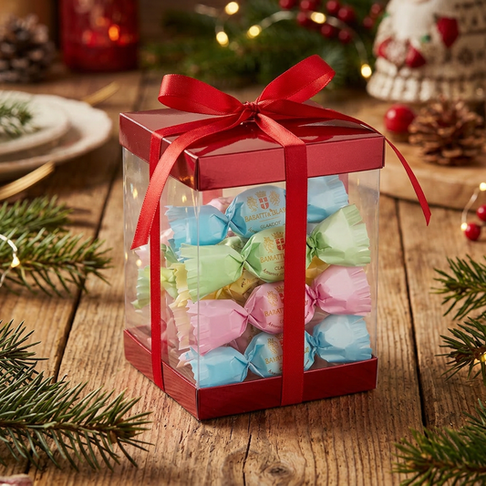 Confezione regalo di amaretti in primo piano, formato quadrato e ambientazione natalizia