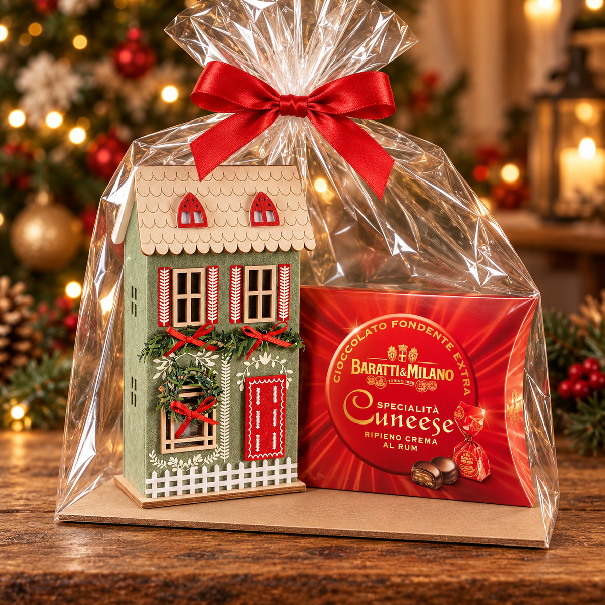 Dolce Casetta di Natale con Luci LED e Cuneesi al Rum Baratti & Milano – 150 g