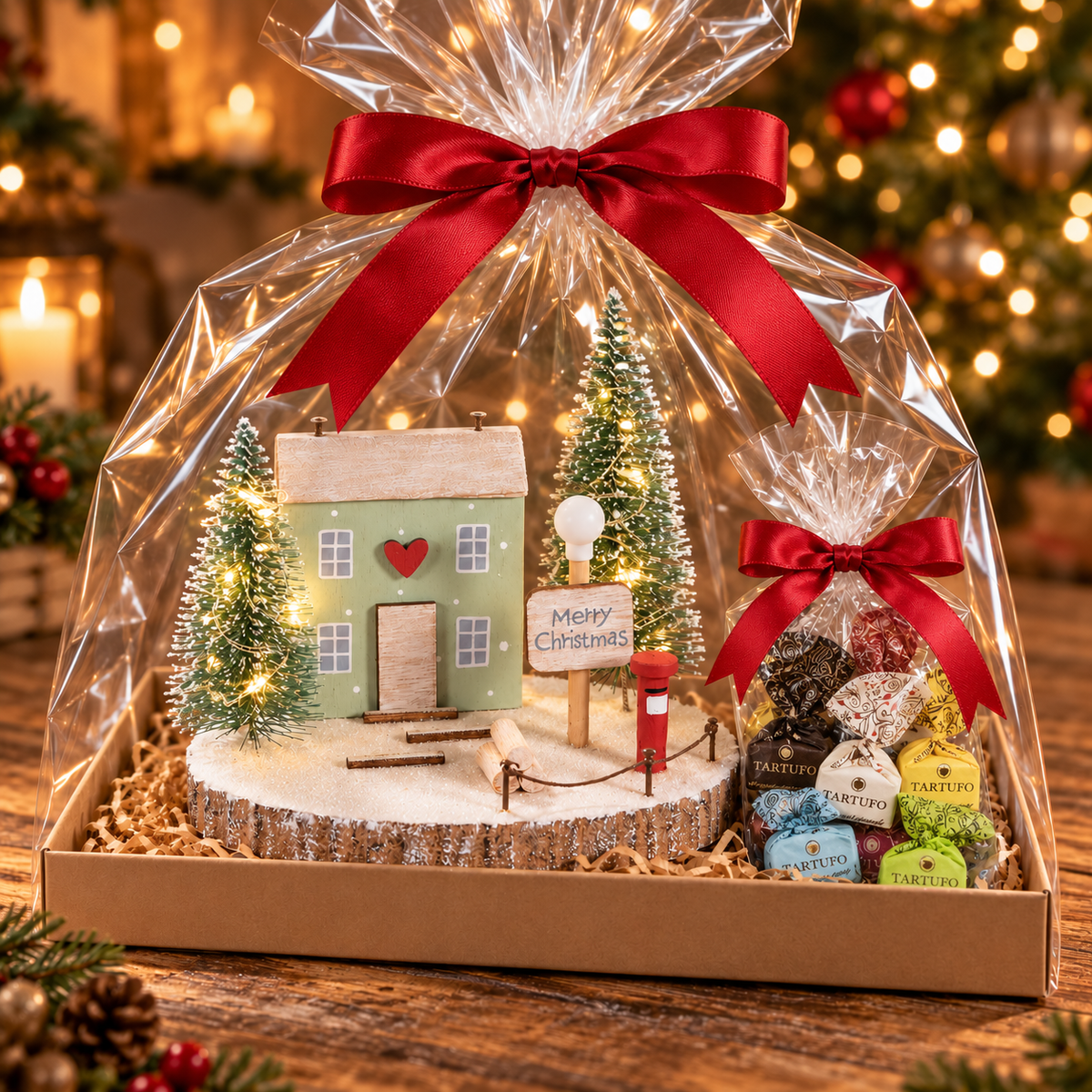 Paesaggio Merry Christmas con Luci LED e Tartufi Dolci Assortiti – 200 g
