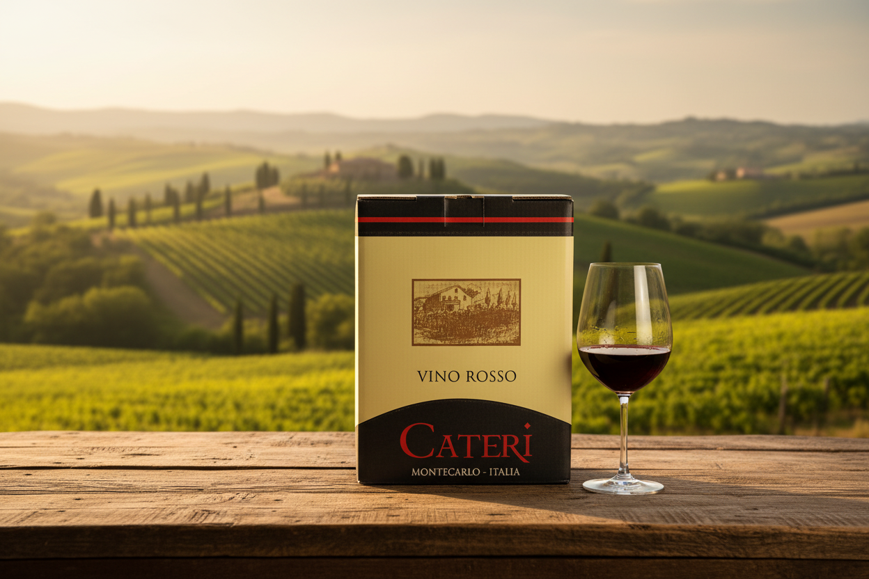 Bag in Box Cateri su tavola con calice e campagna