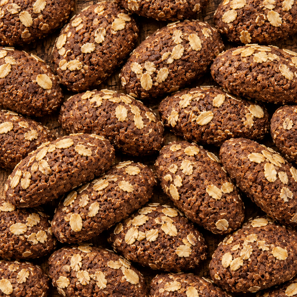 Biscottini al cioccolato e avena sparsi sul tavolo, quadrato pieno