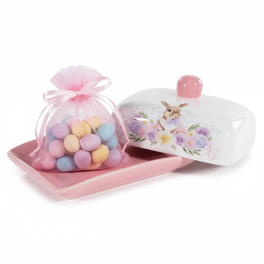 Burriera coniglio con ovetti Barbero in organza rosa