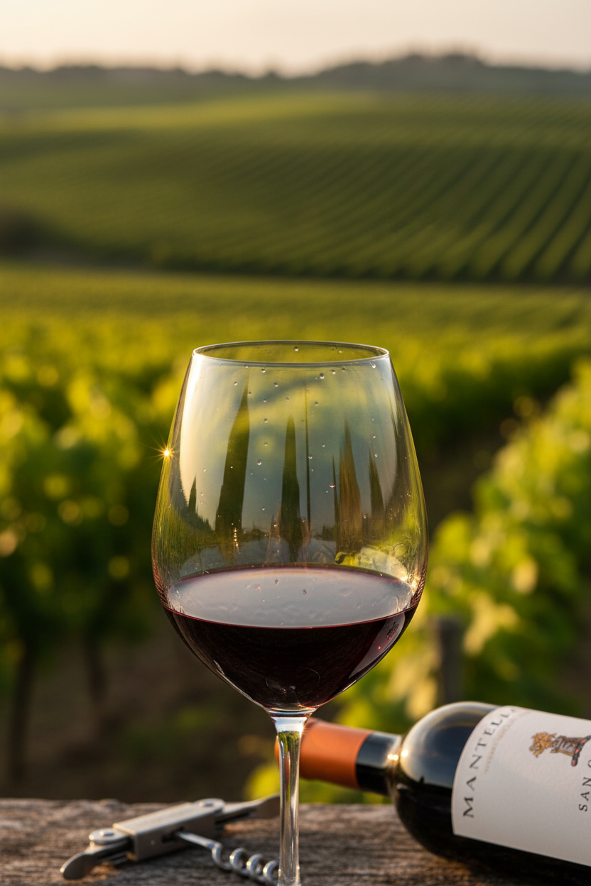 Calice di Morellino di Scansano su sfondo di vigneto