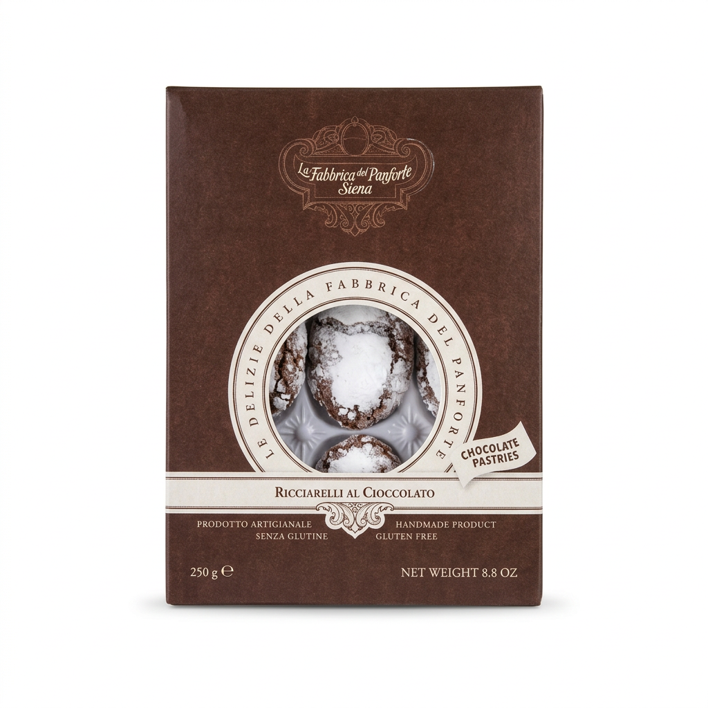 Confezione di Ricciarelli al Cioccolato su sfondo bianco