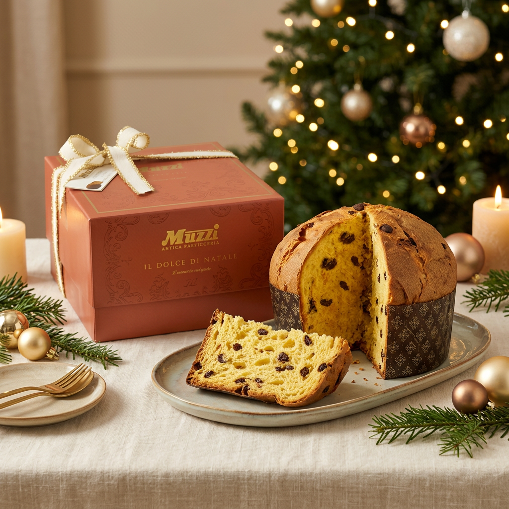 Confezione Muzzi e panettone su una tavola natalizia