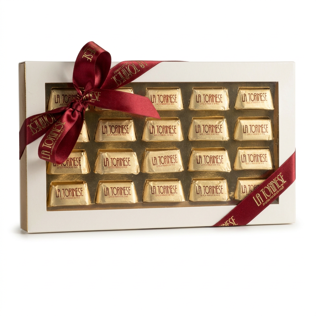 Confezione regalo di Gianduiotti La Torinese isolata su sfondo bianco