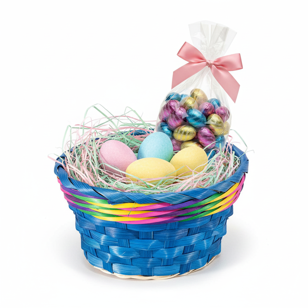 Cestino pasquale colorato con ovetti confettati Barbero e confezione di cioccolatini