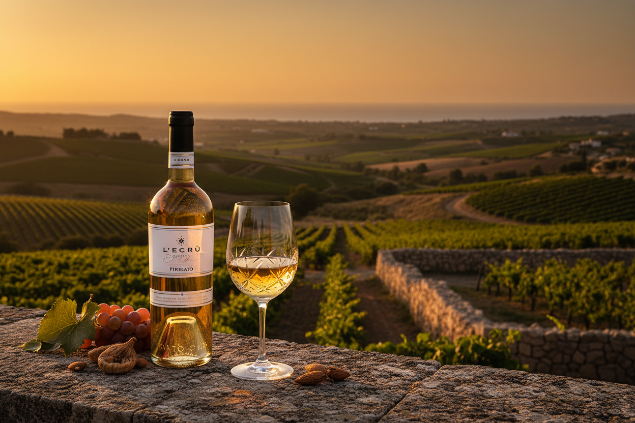 L'Ecrù Passito Firriato con paesaggio siciliano e calice di vino