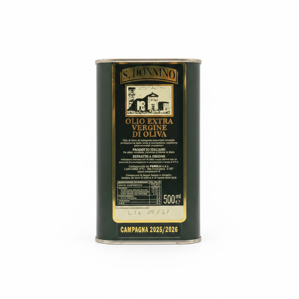 Olio Extra Vergine di Oliva S. Donnino lattina 500ml su sfondo bianco