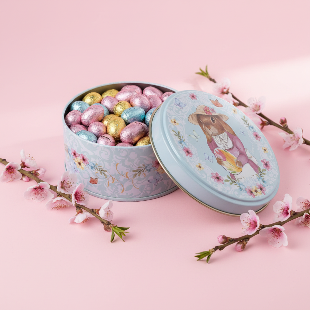 Scatola pasquale in metallo con coniglietto e cioccolatini Barbero