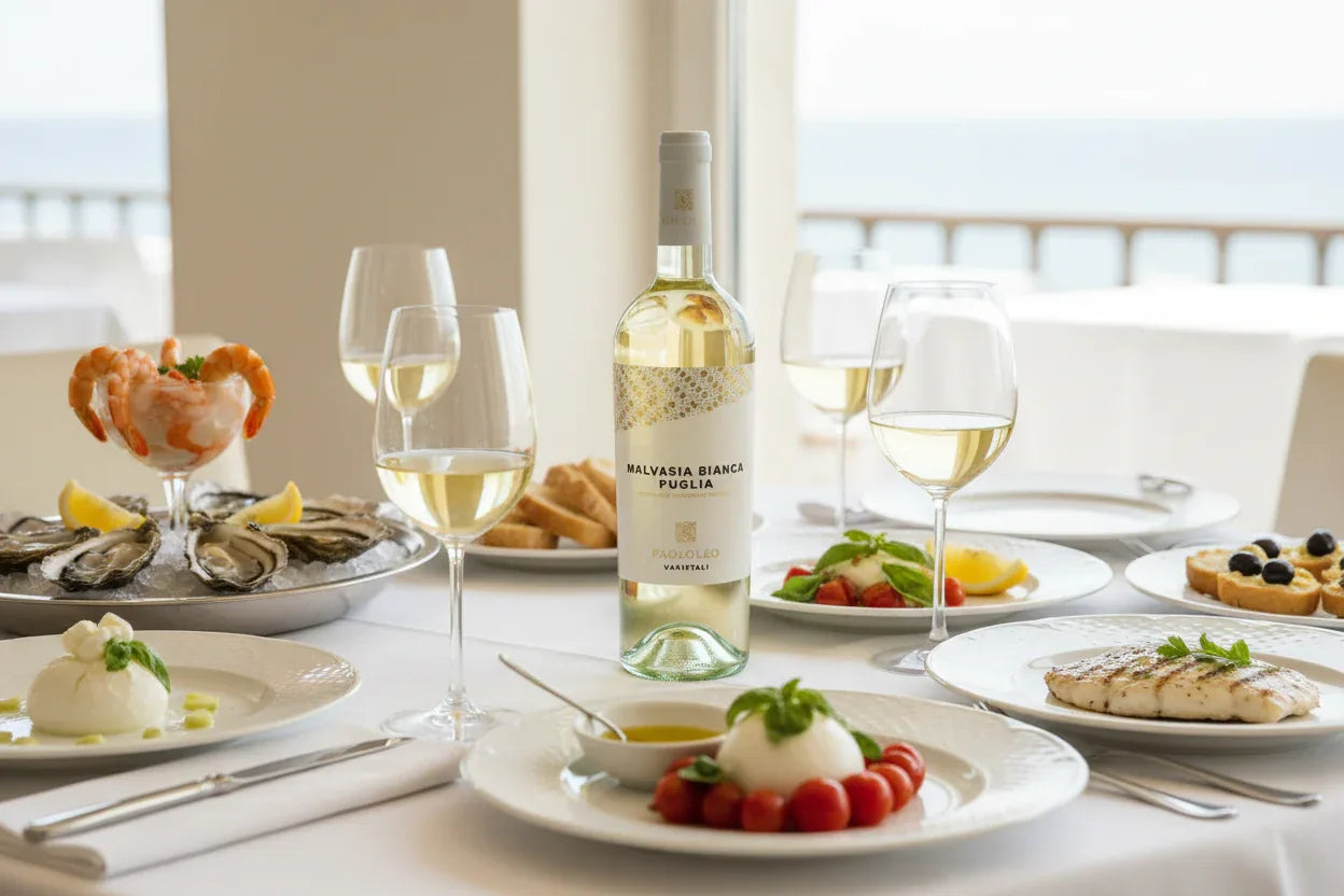 Malvasia Bianca Salento Paolo Leo con tavola apparecchiata e prodotti gourmet