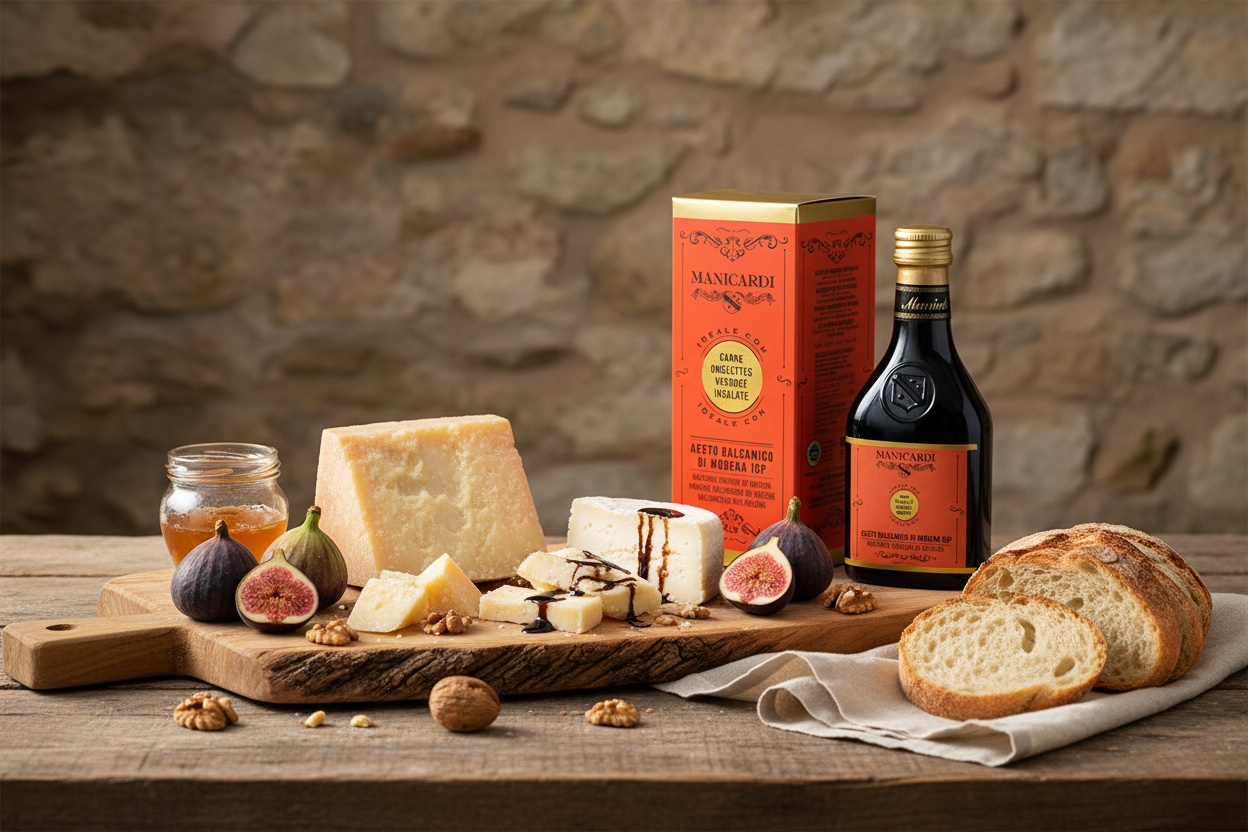 Manicardi Aceto Balsamico con formaggio su tavola