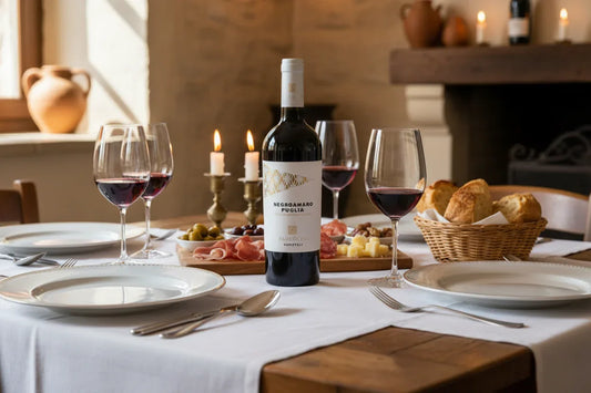 Negroamaro Salento Paolo Leo su tavola apparecchiata elegante