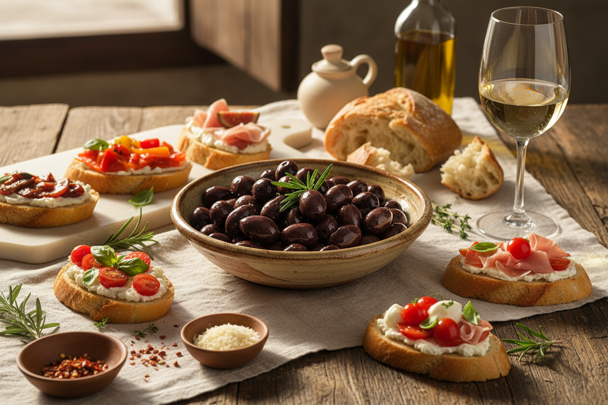 Olive Taggiasche con tartine su tavola italiana