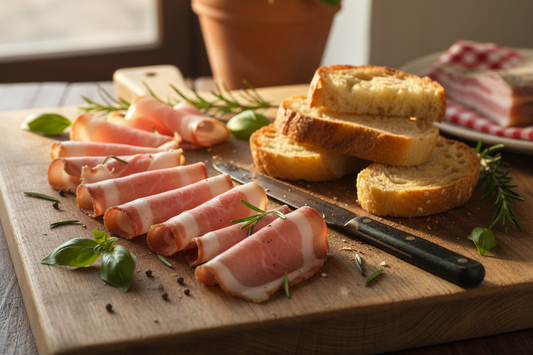Pancetta tesa - tagliere con pane abbrustolito