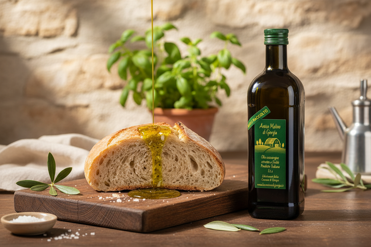 Pane con olio e bottiglia Antico Molino di Giorgia