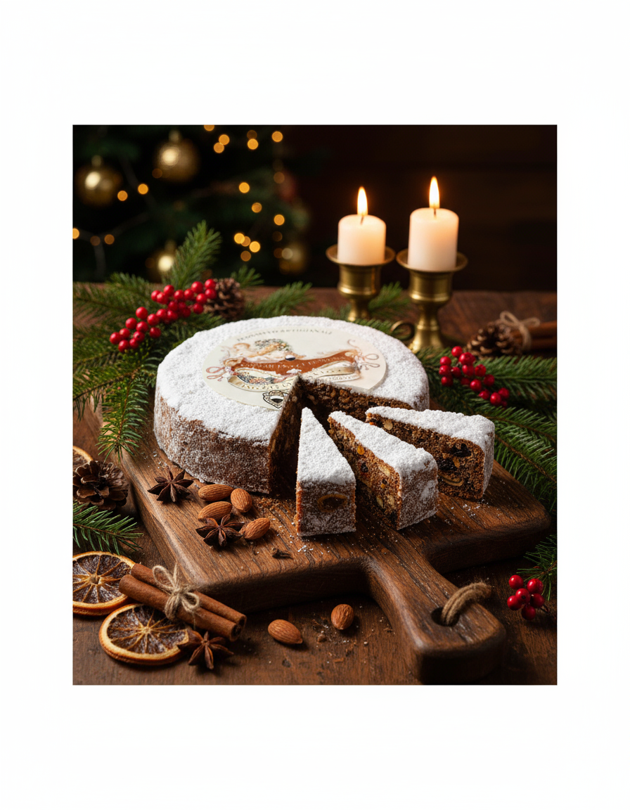 Panforte Margherita IGP di Siena a spicchi su tavola natalizia